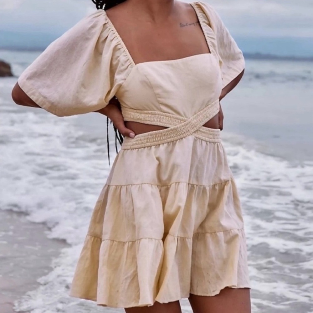Free people cross of light mini cut out dress in light beige XS